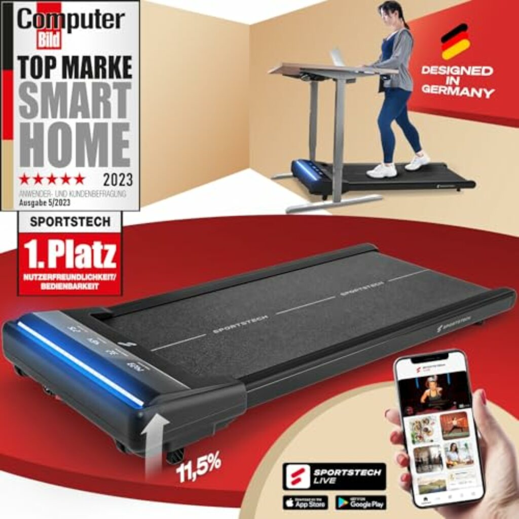 Sportstech Laufband Walking Pad für Zuhause, mit manueller Steigung, Walking Pad bis 6 km/h, Treadmill bis 12km/h, App, Fernbedienung swalk lite