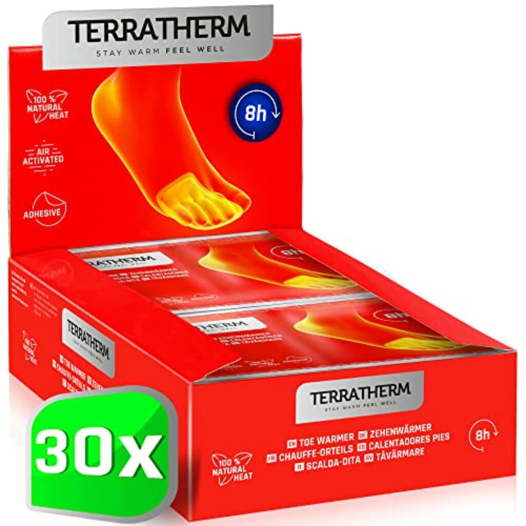 TerraTherm Fußwärmer Pads, 8h warme Füße, Zehenwärmer selbstklebend extra dünn und angenehm weich, Wärmepads Füße, 30 Paar