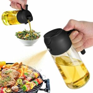 TrendPlain 16oz Ölsprüher für Speiseöl – 470ml Olivenöl Flasche – 2-in-1 Ölspender und Ölsprüher – Küchen Gadgets für Kochen, Salat und Grill Schwarz