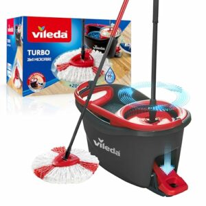 Vileda Turbo Wischmopp Komplett Set, Bodenwischer mit Mikrofaser-Moppkopf, Teleskopstiel (58-123cm), Eimer mit Schleuder und Fußpedal, für alle Böden, nachhaltiges Wischsystem, Eco-Verpackung