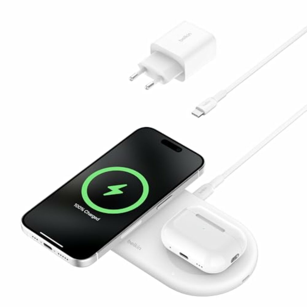 Belkin BoostCharge Pro kabellose 2-in-1-Ladestation mit magnetischem Qi2, 15W, Schnellladegerät, Wireless Charger kompatibel mit iPhone 16/15/14/13/12, AirPods und MagSafe-fähigen Geräten – Weiß