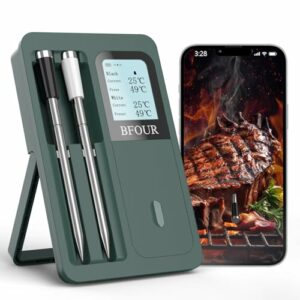 BFOUR Fleischthermometer Kabellos mit 2 Sonde (Upgraded), Bluetooth Grillthermometer mit großem LCD-Display, App-Steuerung,Intelligent Bratenthermometer für Grill,Backofen und Grill