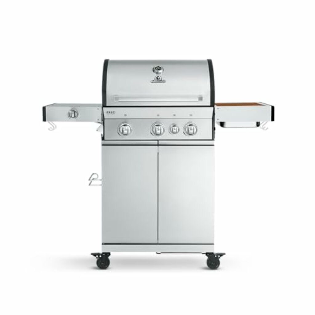 BURNHARD 3-Brenner Gasgrill FRED Deluxe Series 3 inkl. Backburner, 900°C Infrarot-Keramikbrenner, Seitenkochfeld, Gusseisen-Grillrost, Grillabdeckung, Edelstahl Grillwagen + klappbare Seitentische