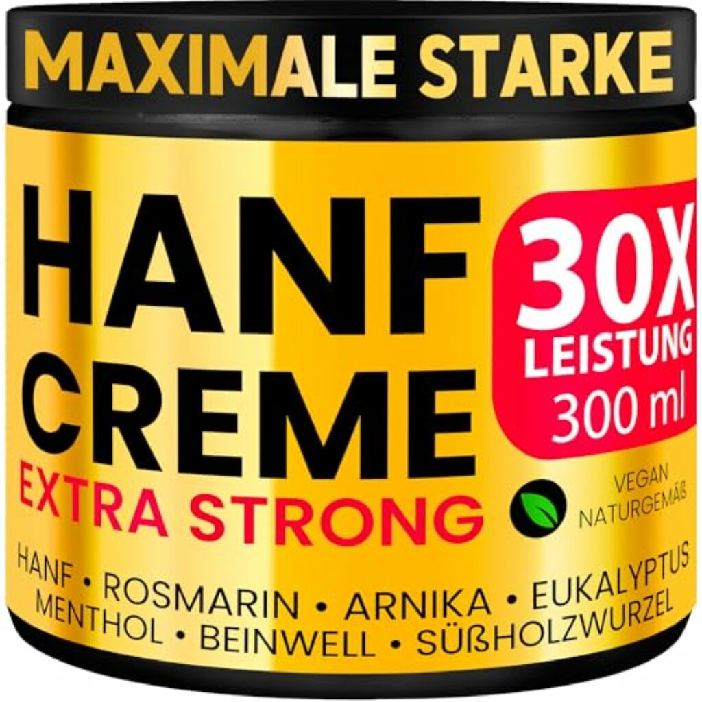 HANF CREME EXTRA STARK 300ml | Gelenk & Muskel Premium Ultra Konzentrierte Natur Gel | Nacken Schultern Ellbogen Rücken Hüften Knie Handgelenke Hände Füße Knöchel | Hanföl Kampfer Menthol Rosmarin