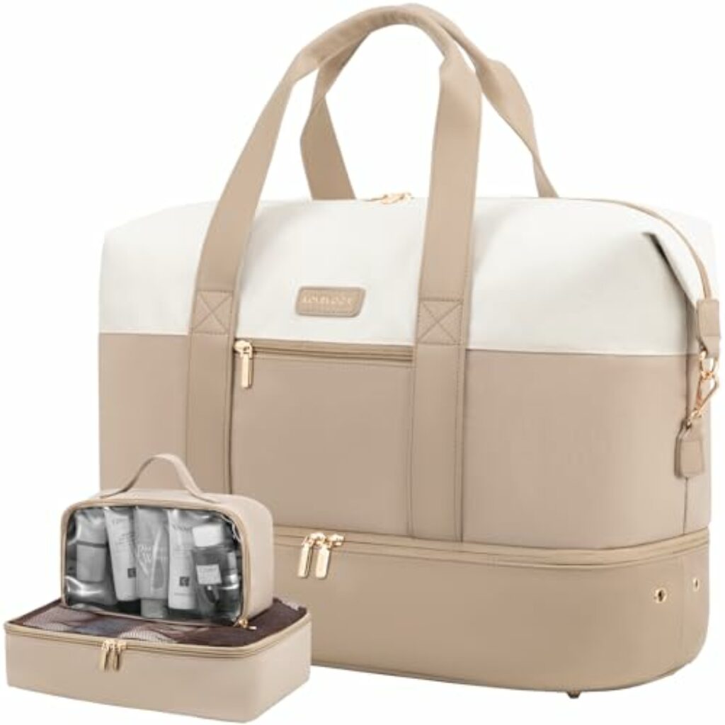 LOVEVOOK Reisetasche Damen Weekender Bag Groß Handgepäck Tasche Sporttasche Kliniktasche Geburt Travel Duffle Bag mit Kulturtasche Schuhfach für Flugzeug Reisen, Beige Khaki