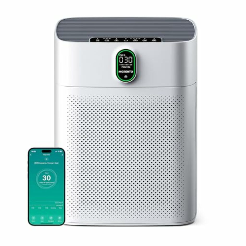 MORENTO Luftreiniger Allergiker für Wohnung Raucherzimmer, HEPA Luftfilter gegen Staub Pollen Tierhaare, CADR 300m³/h für 100㎡, Luftqualitäts-Feedback 24dB Air Purifier 1 Pack+ 2 Modes