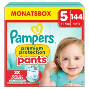 Pampers Baby Windeln Pants Größe 5 (12-17kg) Premium Protection, Junior mit Stop- und Schutz Täschchen, MONATSBOX, 144 Höschenwindeln