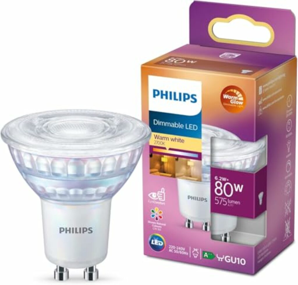 Philips LED Classic GU10 Lampe Warm Glow (80 W), dimmbarer Reflektor LED Spot mit warmweißem Licht, energiesparende Lampe mit langer Nutzlebensdauer