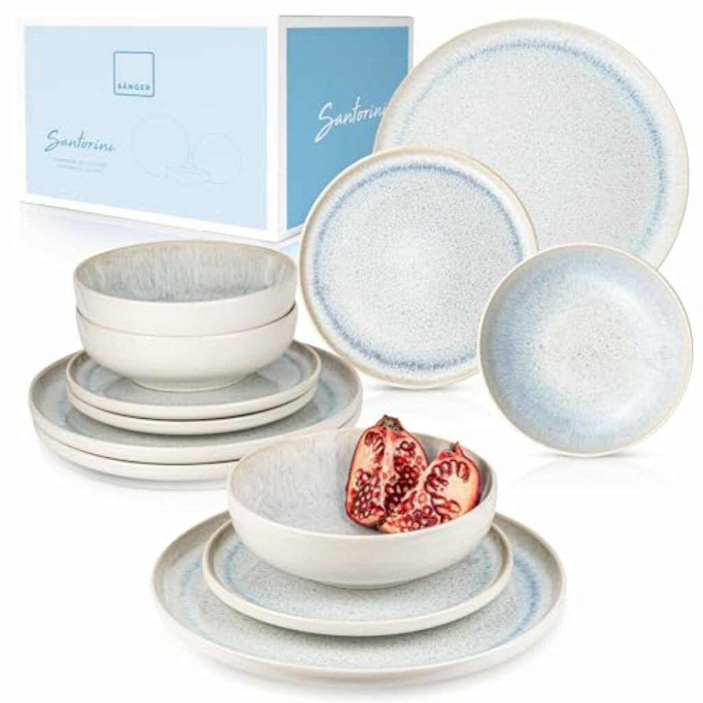 SÄNGER | Tafelservice Santorini 12 tlg, Teller Set 4 Personen, Steingut Geschirr Set inkl. Speiseteller Dessertteller & Tiefe Teller Cremefarben mit Flieder Blauem Verlauf | PREMIUM COLLECTION