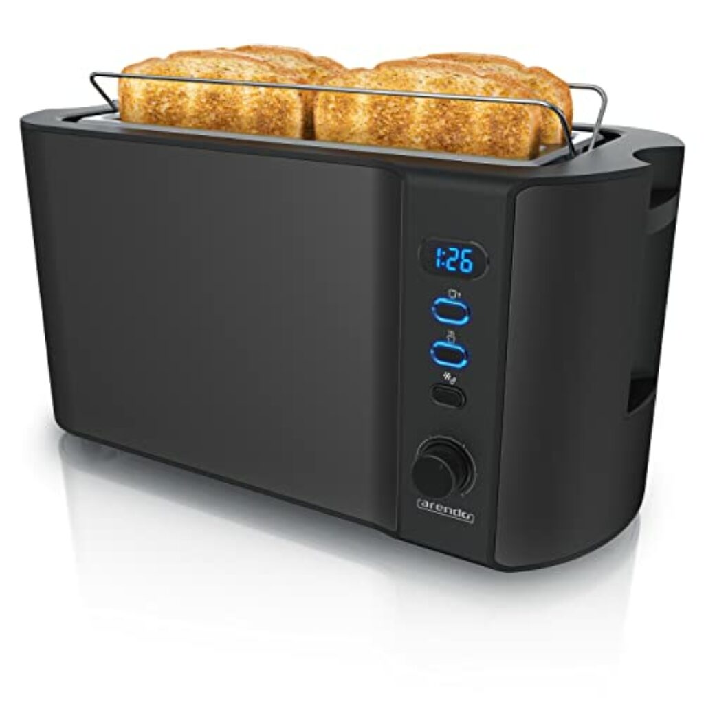 Arendo - Edelstahl Toaster Langschlitz 4 Scheiben - Defrost Funktion - wärmeisolierendes Gehäuse - mit integriertem Brötchenaufsatz - Krümelschublade - Display mit Restzeitanzeige - Schwarz Matt