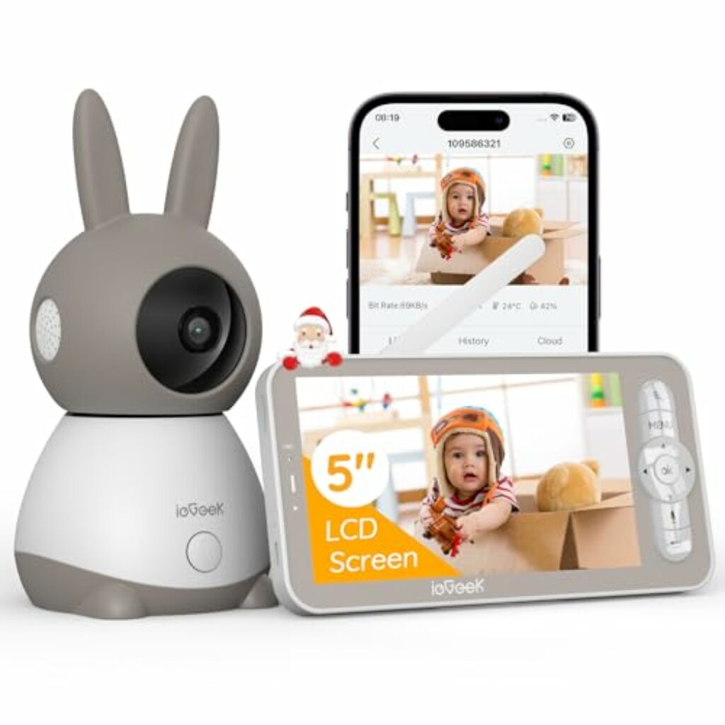 ieGeek Babyphone mit Kamera Top Qualität 2K/3MP, 5 Zoll WLAN Video babyfone PTZ 360°, IR-Nachtsicht, Automatische Verfolgung, Weinen/Bewegungs/Geräuscherkennung, Temperaturanzeige,Mobile App Steuerung