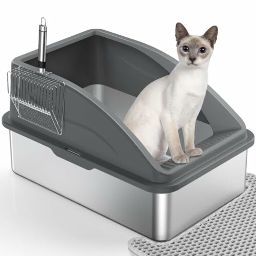 Katzenklo Edelstahl XXL, Katzentoilette Edelstahl 28L Katzenklo Groß mit Katzenstreuschaufel und Doppelschicht Matte, Auslaufsichere XXL Litter Box