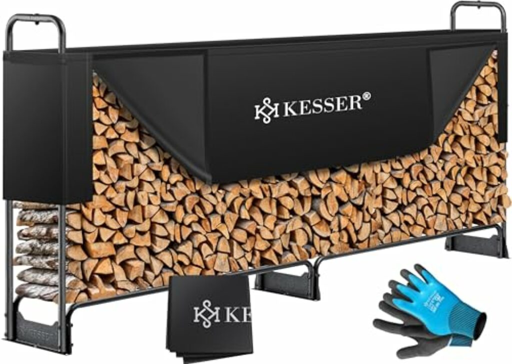 KESSER® Kaminholzregal Metall 260x36x117cm Brennholzregal außen Stahlrahmen + Abdeckung & Handschuhe Kaminholzunterstand 300kg Wasserdichter Holzlager Holzstapelhilfe für Garten Terrasse