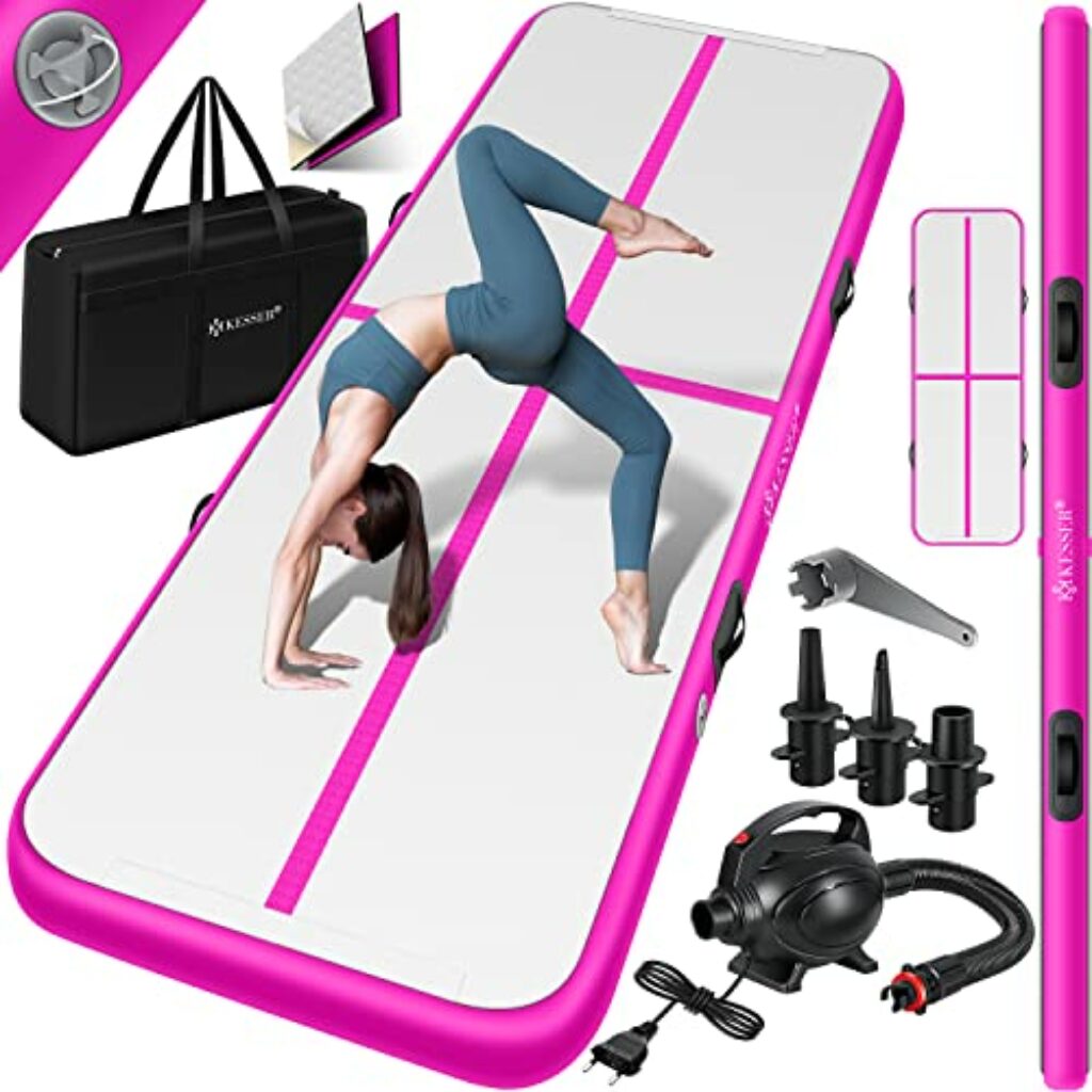 KESSER® Turnmatte Aufblasbar Airtrack Fitness-Matte Gymnastikmatte | inkl. Tragetasche & elektr. Luftpumpe | Yogamatte, Tumbling Matten, Trainingsmatte (Rosa, 300 x 100 x 10 cm)