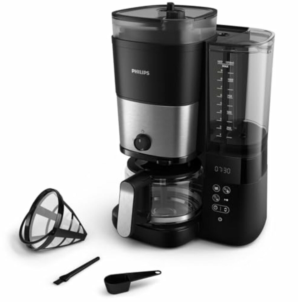 Philips All-in-1 Filterkaffeemaschine - integriertes Kegelmahlwerk für frisch gemahlenen Kaffee - Duo-Bohnenbehälter, 1,25-L-Glaskanne, individuelle Einstellung der Intensität (HD7900/50)