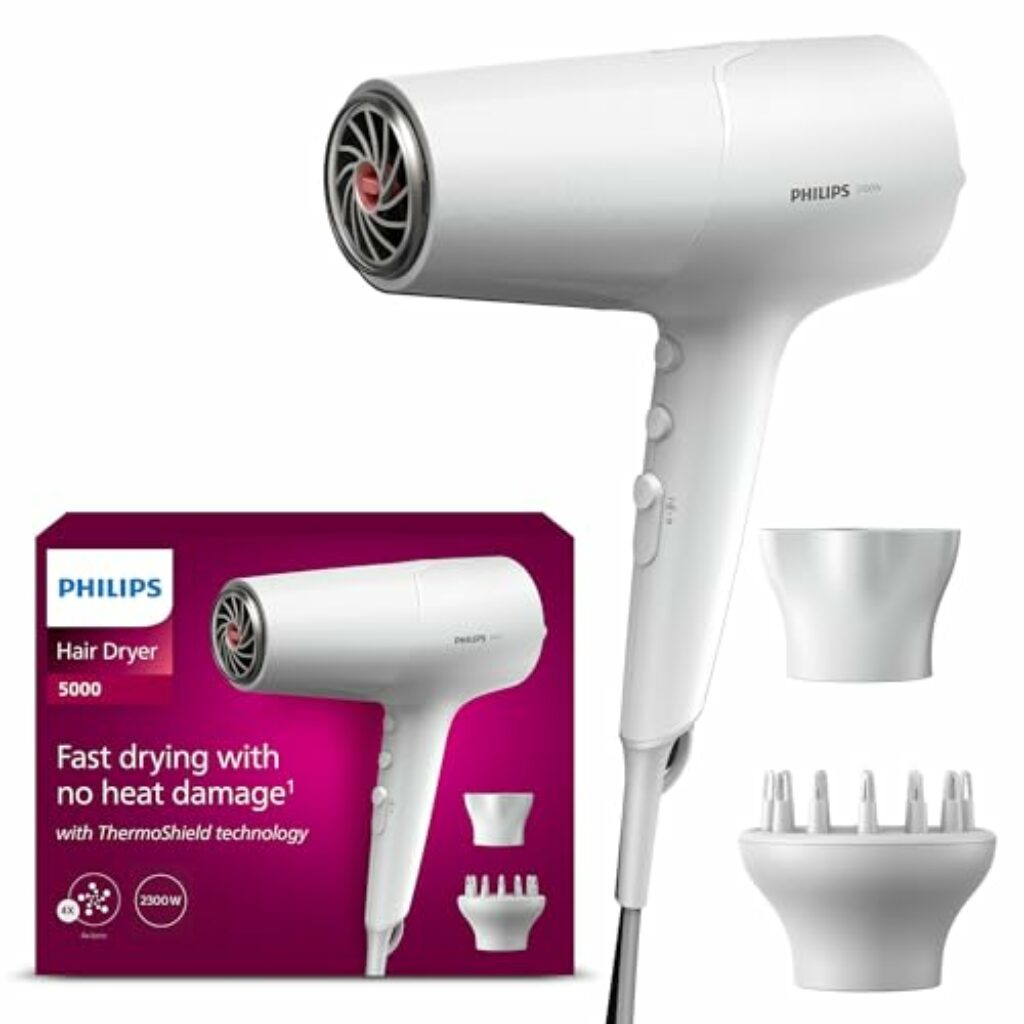 Philips Haartrockner 5000 Series, ThermoShield Technologie, Ionisierungsfunktion, 2.100 W, Weiß, mit Stylingdüse und Volumendiffusor, Modell BHD500/20