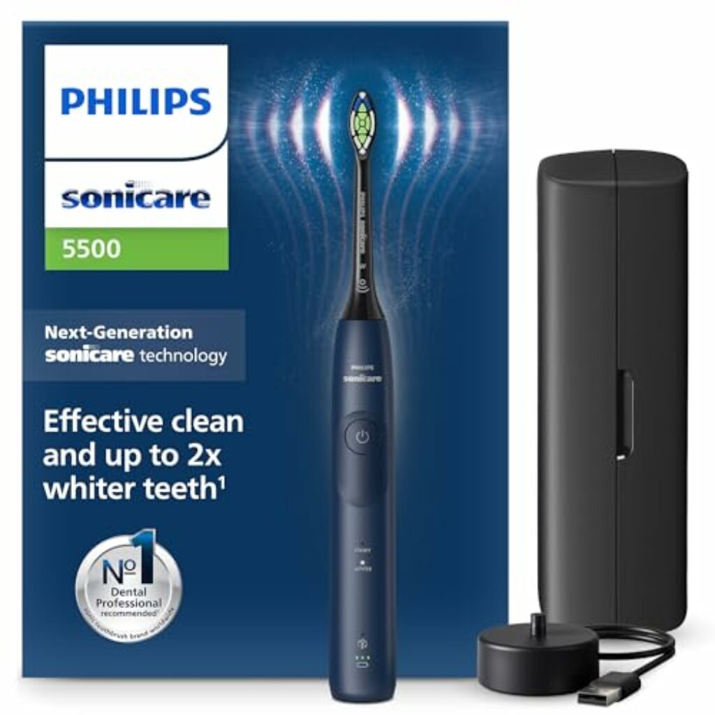 Philips Sonicare 5500 elektrische Zahnbürste, Schallzahnbürste mit 2 Putzmodi, Andruckkontrolle, EasyStart, SmarTimer und BrushPacer, Navy, Modell HX7113/01