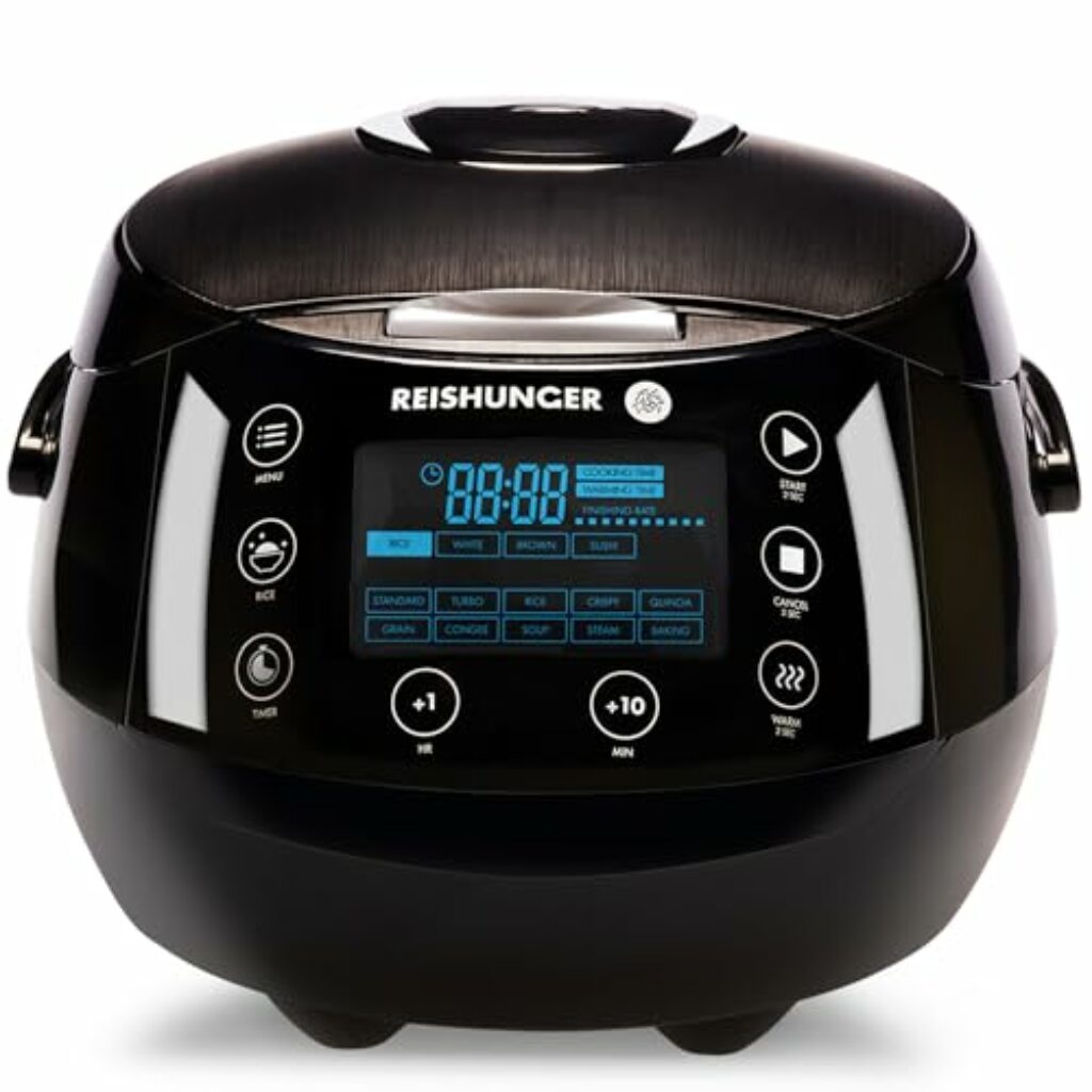 REISHUNGER Digitaler Reiskocher & Dampfgarer Schwarz | 1,5 L bis 8 Personen | Warmhaltefunktion, Timer & Premium Innentopf | Multikocher, 12 Programme, 7-Phasen-Technologie