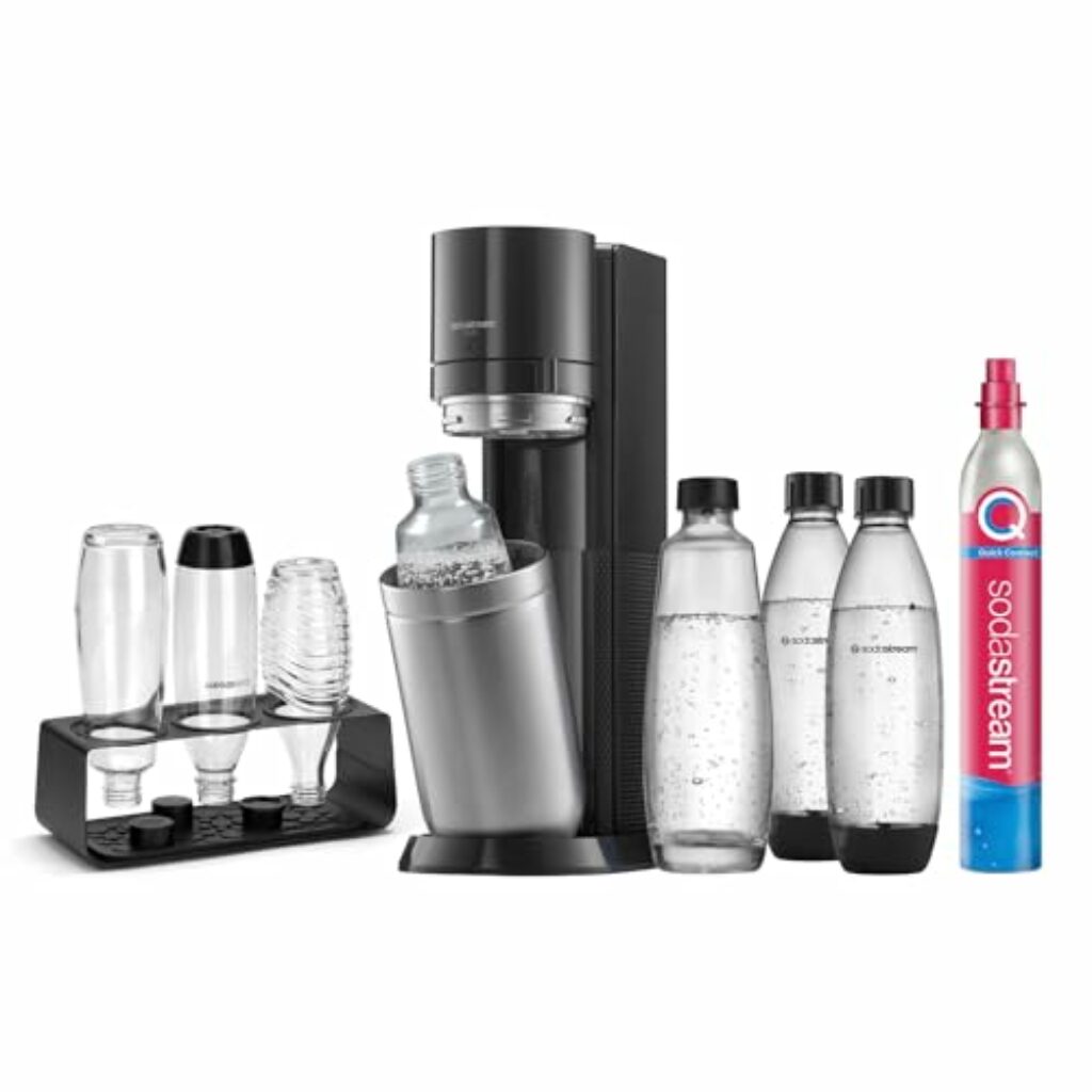 SodaStream Wassersprudler DUO Comfort-Set mit Quick-Connect CO2-Zylinder| inkl. 2x 1L Glasflasche, 2x 1L FUSE Kunststoffflasche (spülmaschinengeeignet) und Flaschenabtropfhalter | Farbe: Titan